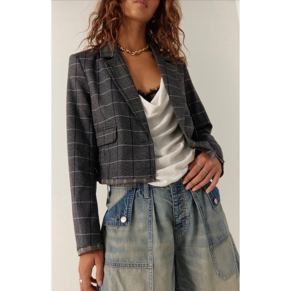 Free People Academia Blazer Plaid Cropped Blazer Grey Jacket